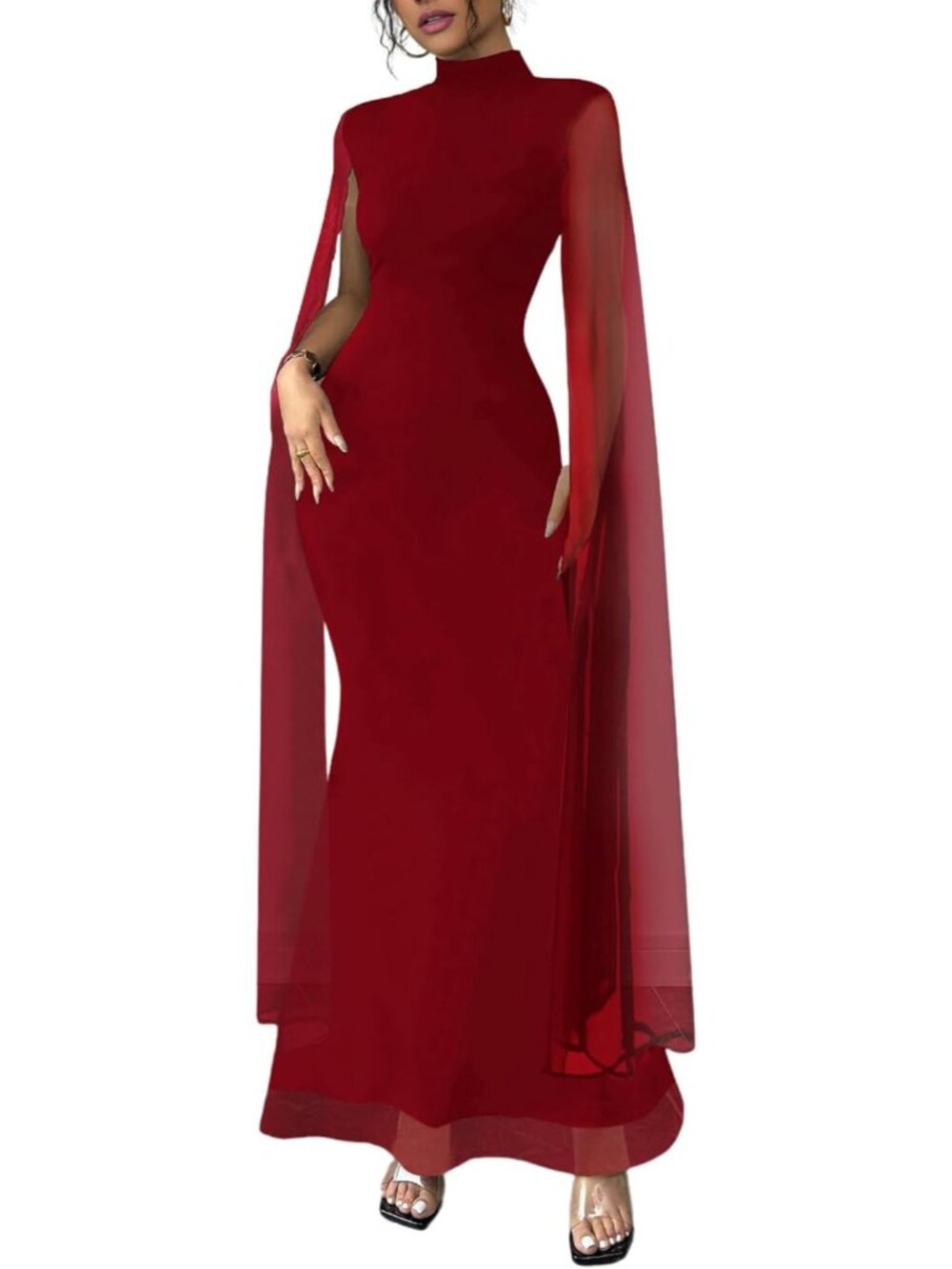 Women's Red Elegant Mock Neck Pull On Bodycon Formal Maxi Dress With Cape - Picture 2 of 6